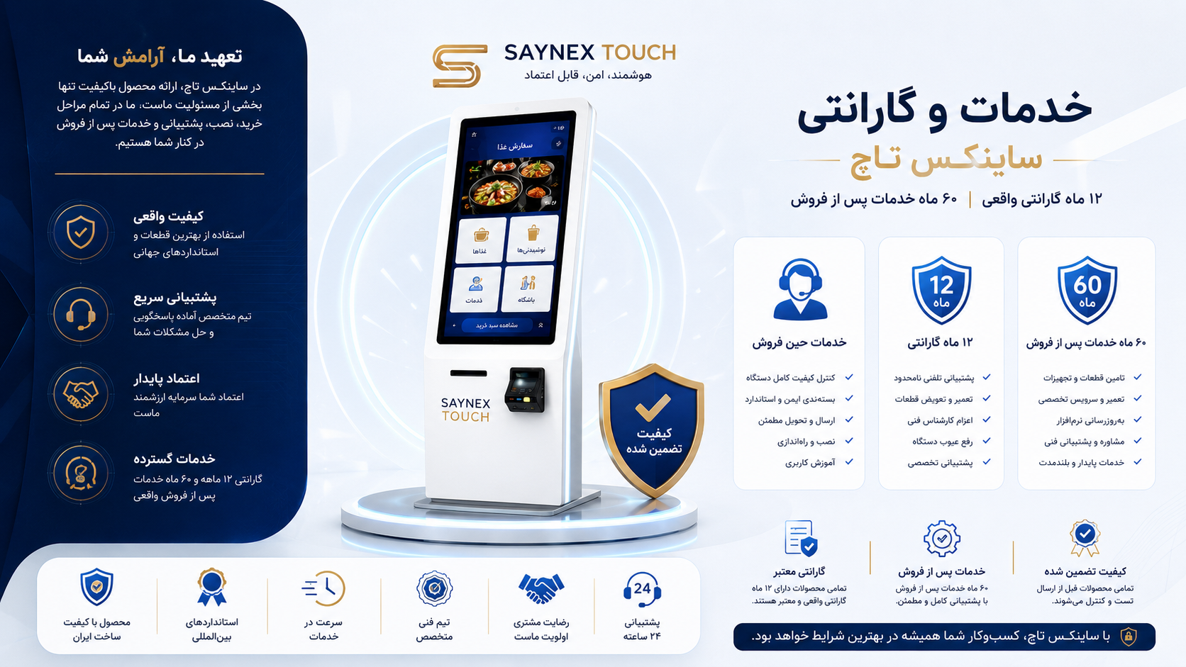 ۱۲ ماه گارانتی و ۶۰ ماه خدمات پس از فروش کیوسک لمسی ساینکس تاچ